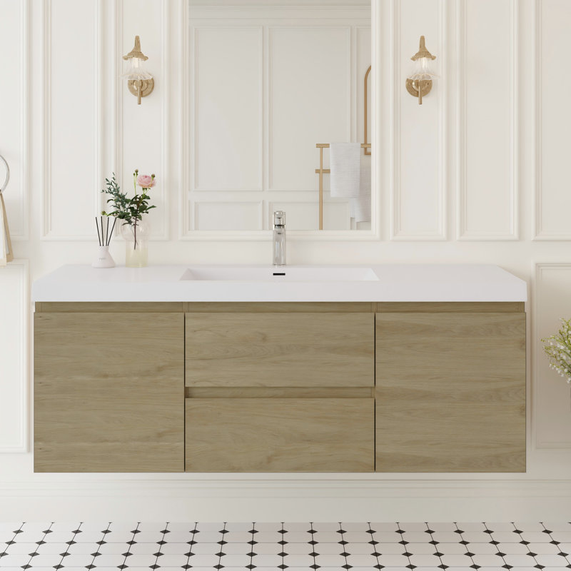 60" Floating Bathroom Vanity Modern Wall-Mounted Single Vanity with Integrated Resin Top Basin, 2 Cabinets and 2 Soft Close Drawers, Full Assembly