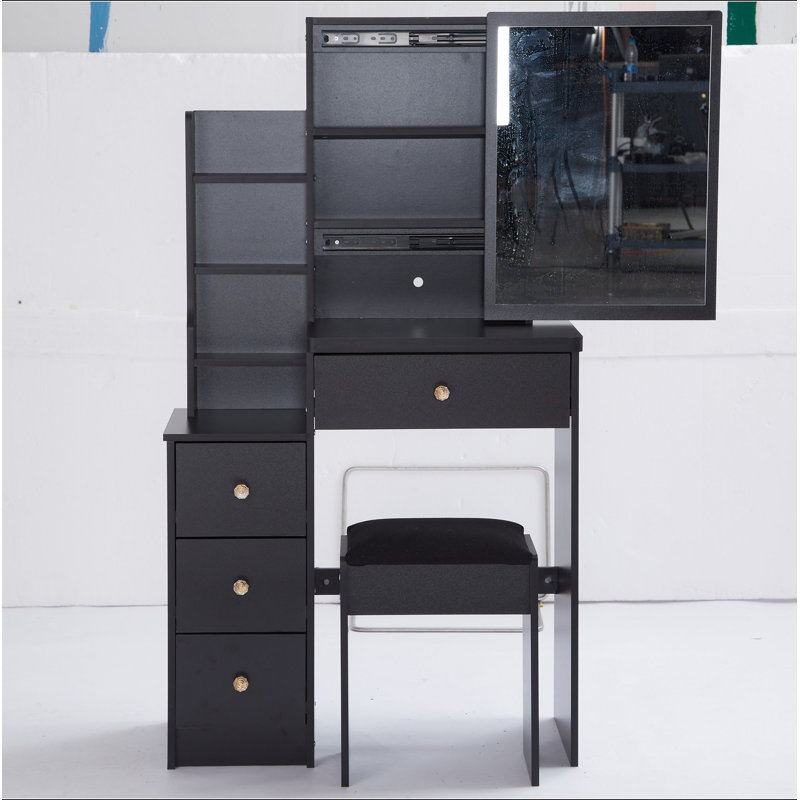 29.2" Small Space Left Bedside Cabinet Vanity Table + Cushioned Stool, Extra Large Right Sliding Mirror, Multi Layer High Capacity Storage, Practical Fashionable Dresser, Suitable For Small Space