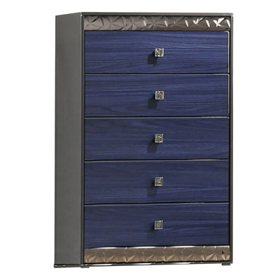 Commode haute à 5 tiroirs Zara, gris cendré et bois bleu indigo