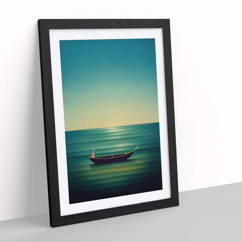 Boat on a Striped Ocean - Wall Art, Black Framed, 36cm H x 27cm W x 2cm D, White