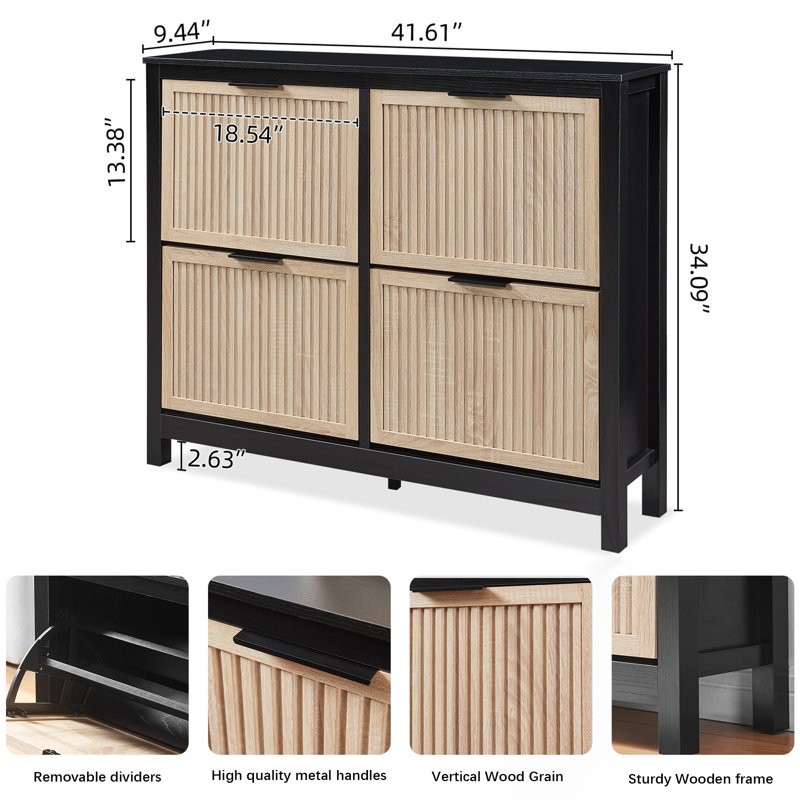 Narrow 4-Drawer Flip-Top Shoe Cabinet For Entryway, Black/Oak