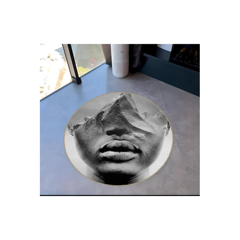 Black And Beige Woven Carpet With A Woman's Face And Mountain Pattern, Round 2'8"