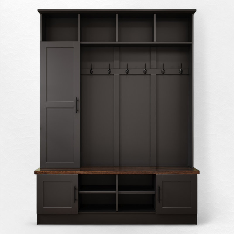 3-In-1 Hall Tree With Bench And Shoe Storage, Farmhouse Storage Bench With Adjustable Shelves, Modern Entryway Coat Rack With 6 Hooks Multiple Storage Space For Mudroom, Living Room
