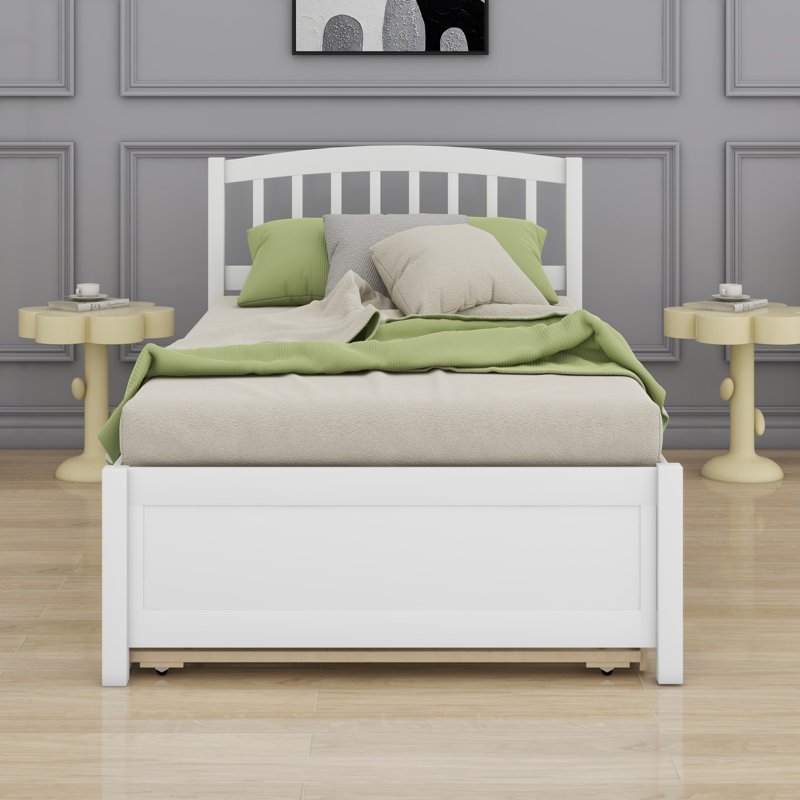 Platform Bed Wood Bed Frame With Trundle, White