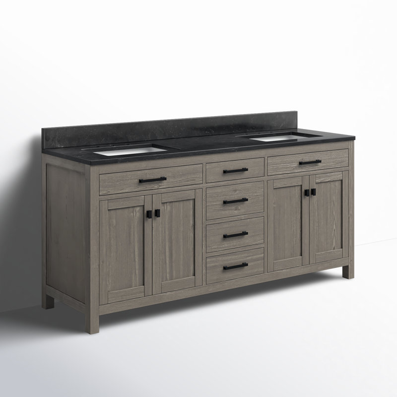 Ensemble de meuble-lavabo double 72 po Ajiya, Calcaire bleu, Gris texturé / noir mat