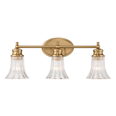 Luminaire de salle de bain 3 lumières en laiton antique avec abat-jour en verre transparent cannelé, applique murale moderne de style campagne moderne