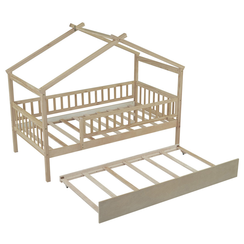 Lit simple en bois avec lit gigogne, Naturel