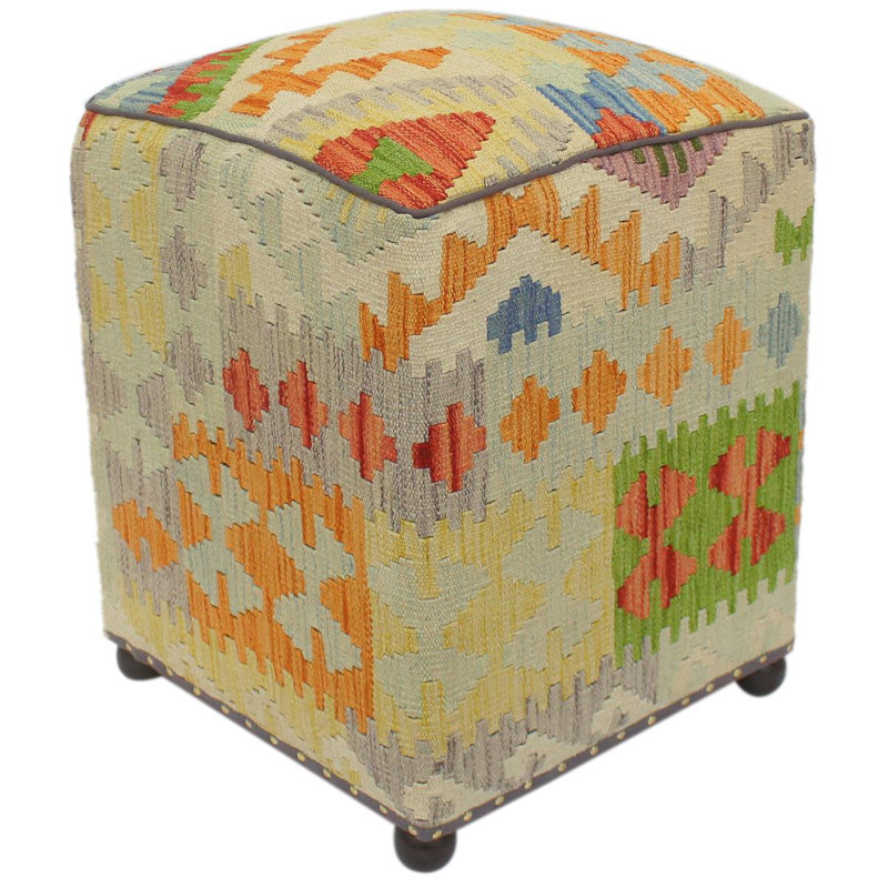 Repose-pieds standard carré de 15 po de largeur Aprea, Beige / bleu / rouille / laine verte