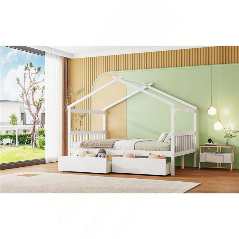 Lit en bois avec tiroirs, Blanc, Lit double