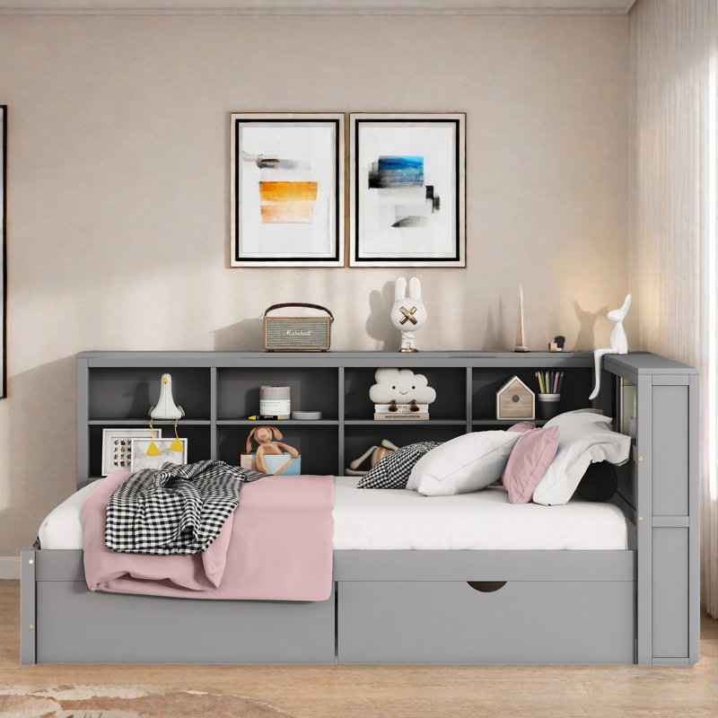 Lit de jour en bois avec 2 tiroirs, tablette de rangement et ports de chargement USB, Gris