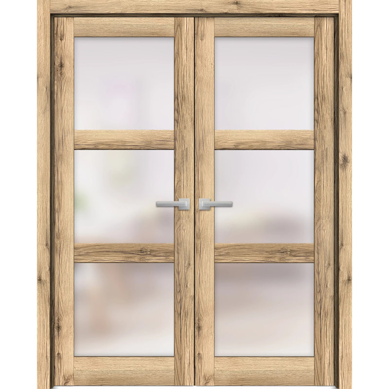 Lucia Oak 84" x 60" Modern French Double Doors with Frosted Glass