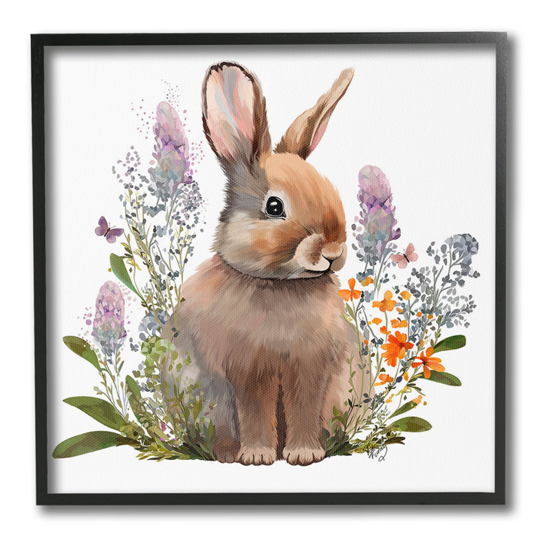 "Brown Bunny with Florals", art mural sur toile par Fab Funky, H 24 po x l 24 po, Giclée encadrée blanc bord de mer