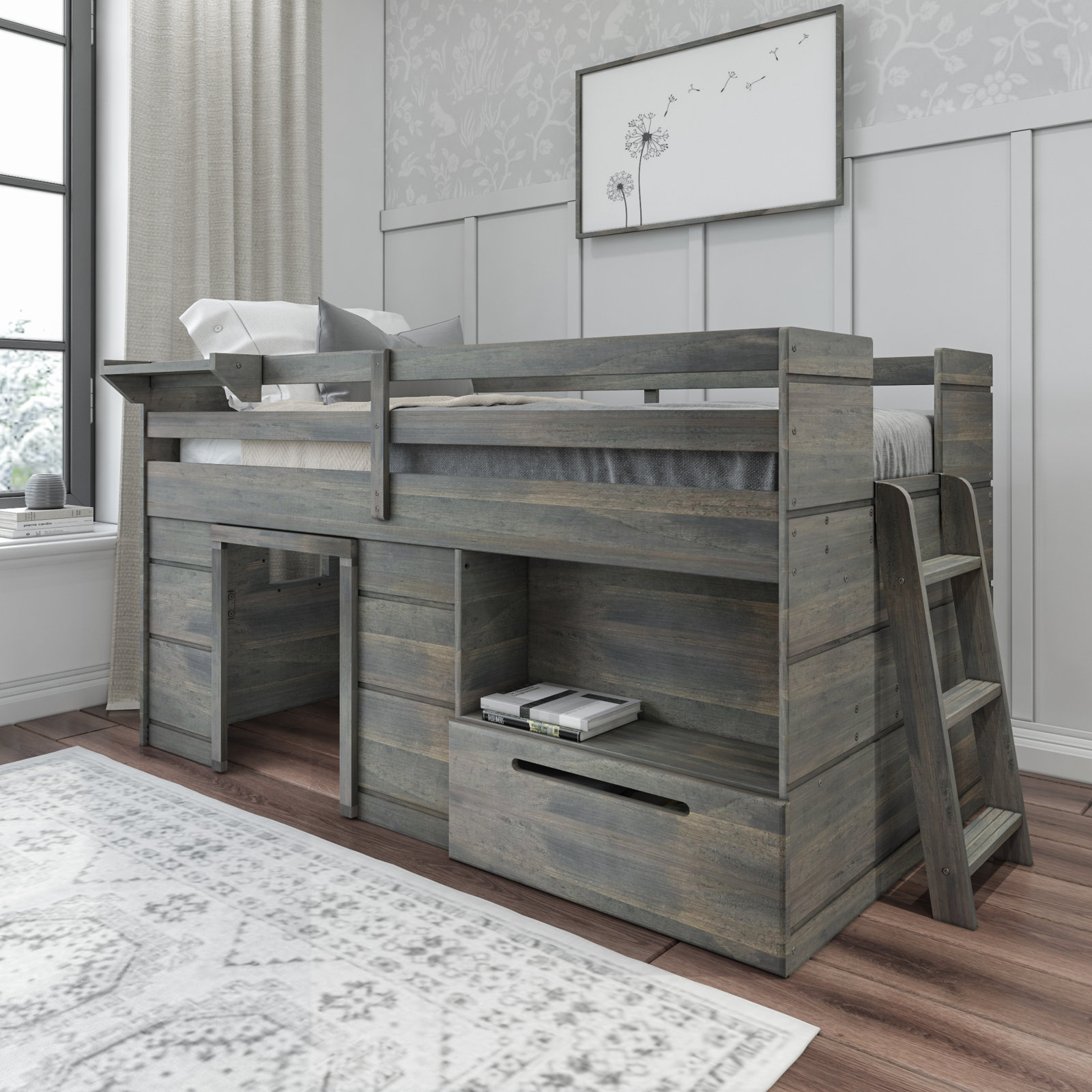 Purdy Hill Twin Loft Bed with Drawers, Driftwood