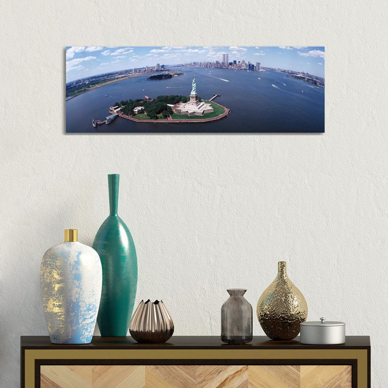 Wide-Angle View of New York Harbor Featuring the Statue of Liberty, USA 1 Piece Wrapped Canvas Panoramic Wall Art