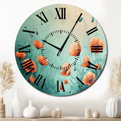 Grande horloge murale sarcelle Meadow of Poppies