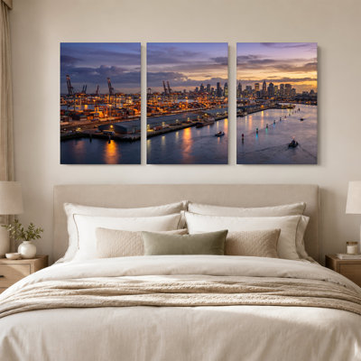 City Skyline at Dusk with Harbor and Cranes Set Of 3 Canvas Wall Art