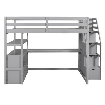 Lit mezzanine double avec bureau et tablettes, deux tiroirs intégrés, escalier de rangement