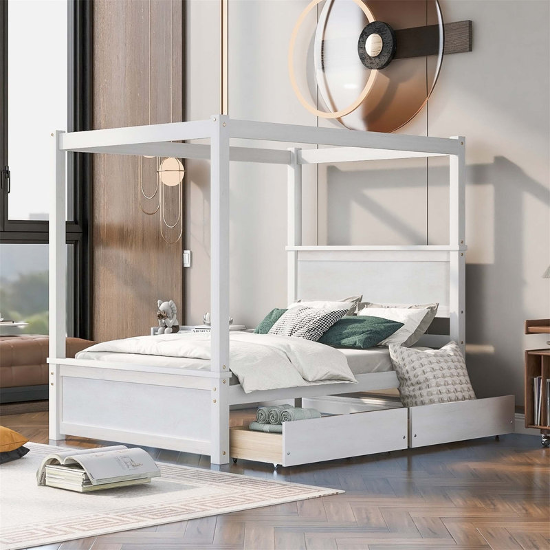 Dilyla Storage Canopy Bed, White, 1 Bed and 1 Side Cabinet Storage Shelf