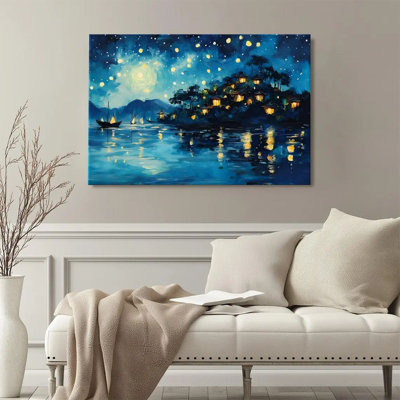 Framed Wall Art For Living Room Modern Canvas Art Wall Decor Print Painting Prints Pictures Night landscape, lights on fishing boats, Impressionist st