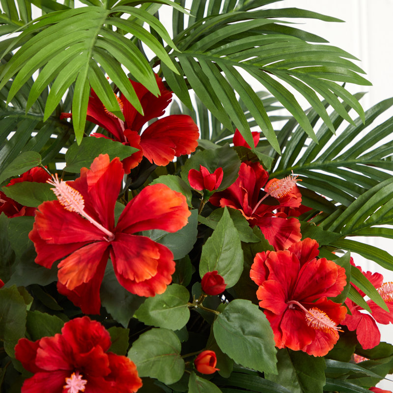 Hibiscus et aréca palmier à fleurs artificielles en bol