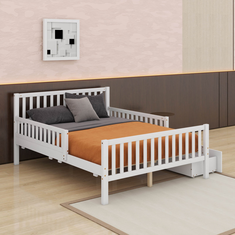 Lit plateforme en bois avec garde-corps et tiroirs, Lit double, Blanc
