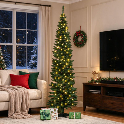 7 FT Tall Pre-Lit Slim Noble Fir Pencil Artificial Christmas Tree, 200 Warm White LED Lights, 499 Realistic Branch Tips, Space Saving Indoor Holiday Xmas Decor