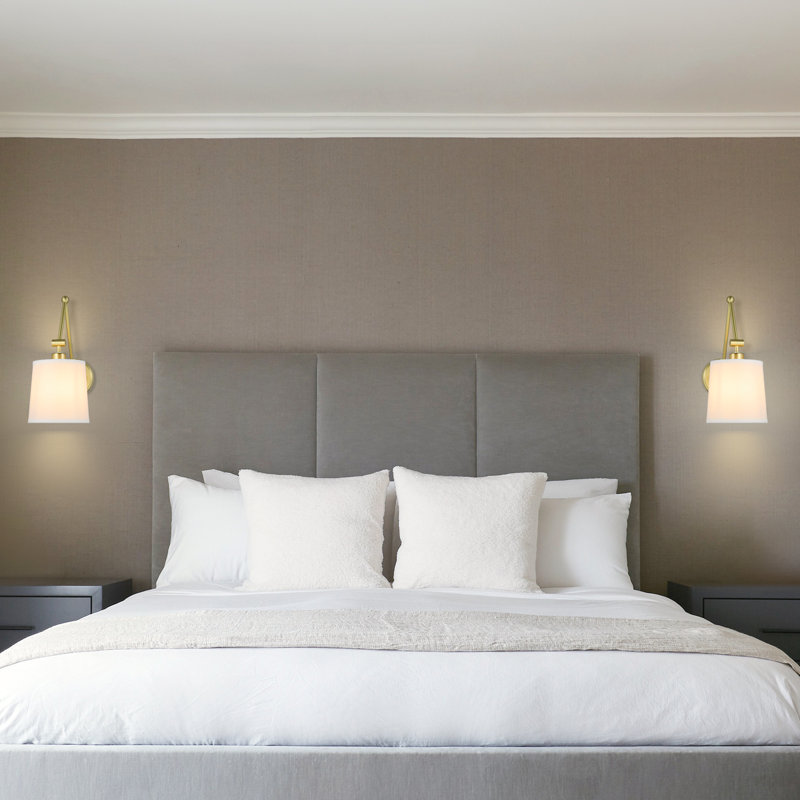 Wall Lamp, Modern 1 Light Bedroom Wall Mounted Light With Fabric Shade, Satin Brass