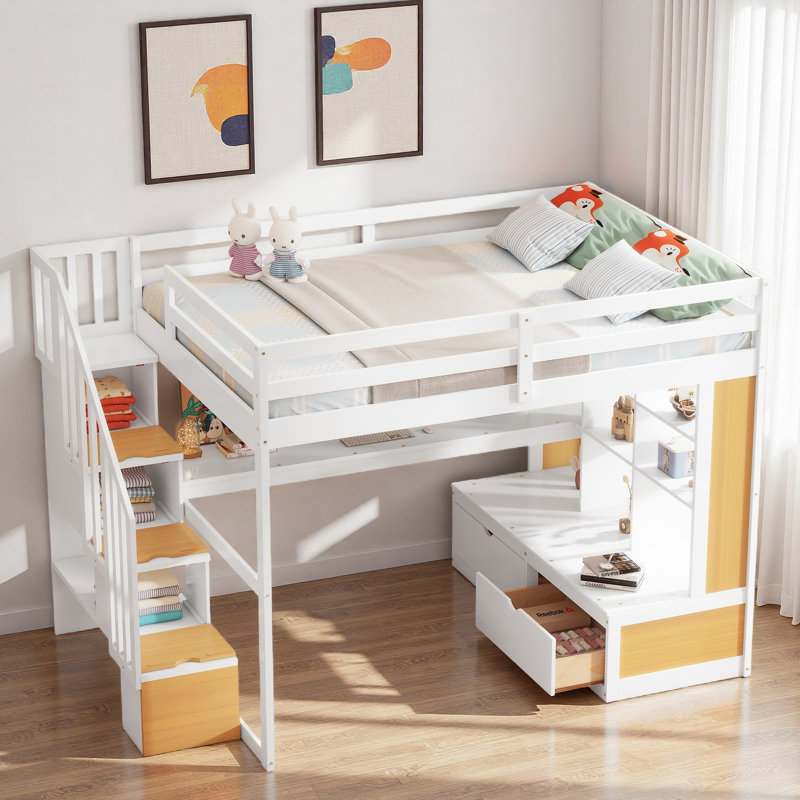 Lit mezzanine avec bureau, tablettes, 2 tiroirs intégrés et escalier de rangement, Blanc / Naturel