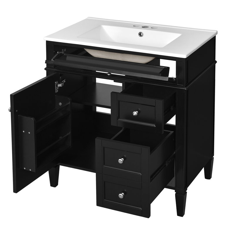 Meuble-lavabo autoportant de 30 po avec lavabo en céramique, Noir, noir, noir, noir, Argent argent