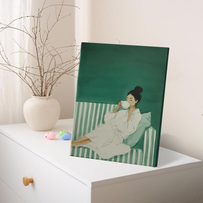 Woman On Couch Green Canvas Wall Art Print Striped Couch Girl Picture Painting Artwork Vintage Wall Decor For Home Living Room Women Bedroom 8X10 Framed