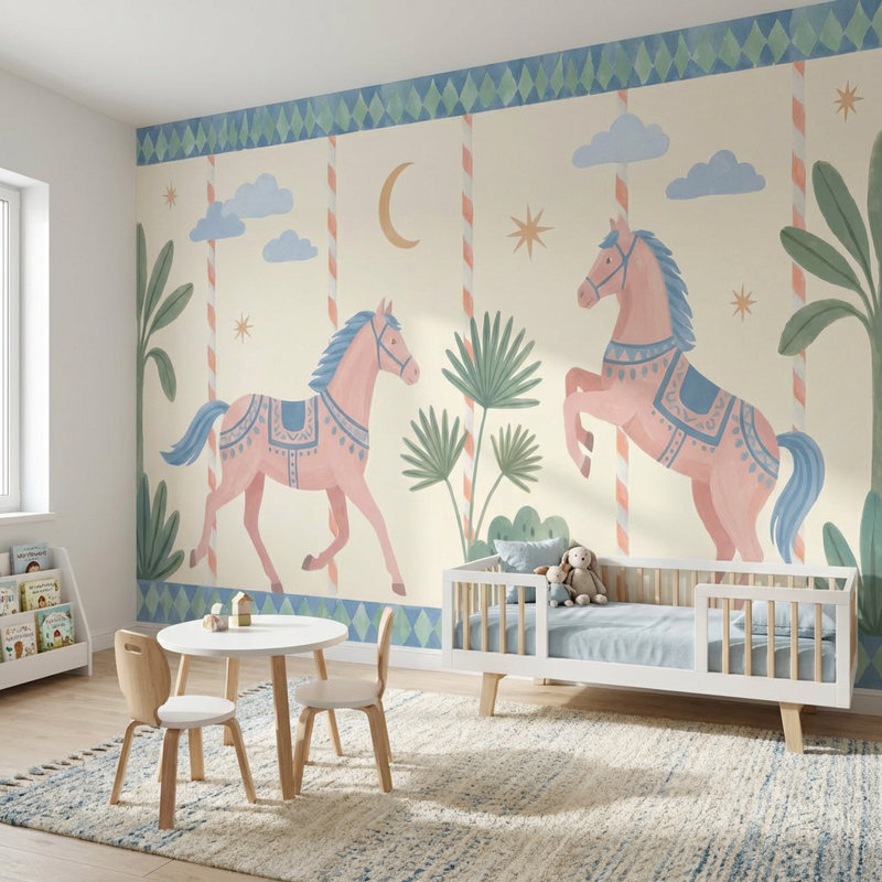 Décoration murale amovible géométrique papier peint à motif de chevaux fantaisistes, 140"x108", Peler et coller