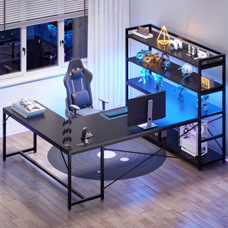 63'' Reversible Computer Desk With LED Power Outlet And Storage Shelves, Black/Black