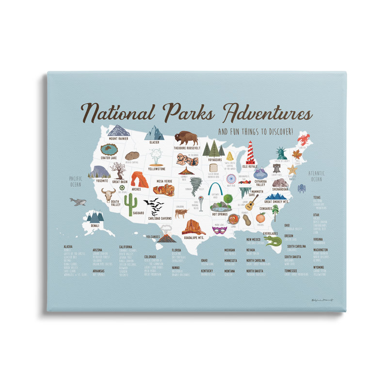 Carte des États-Unis, National Parks Adventures, par Stephanie Workman Marrott - impression, H 36 po x l 48 po x P 1,5 po