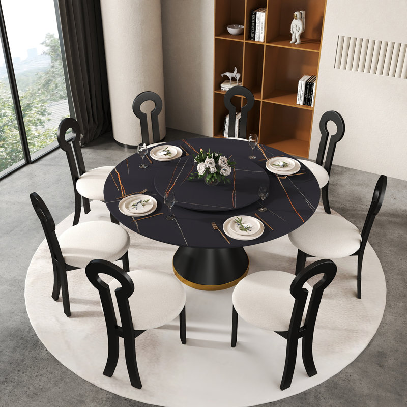 Table de salle à manger moderne à 8 sièges en pierre frittée avec plateau rotatif, chaises de salle à manger modernes en forme de clé