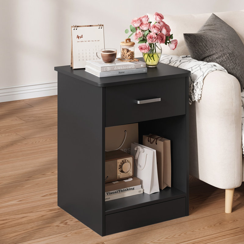 Table de chevet en bois avec tiroir Ignacio H 23,6 po, Noir, Individuel