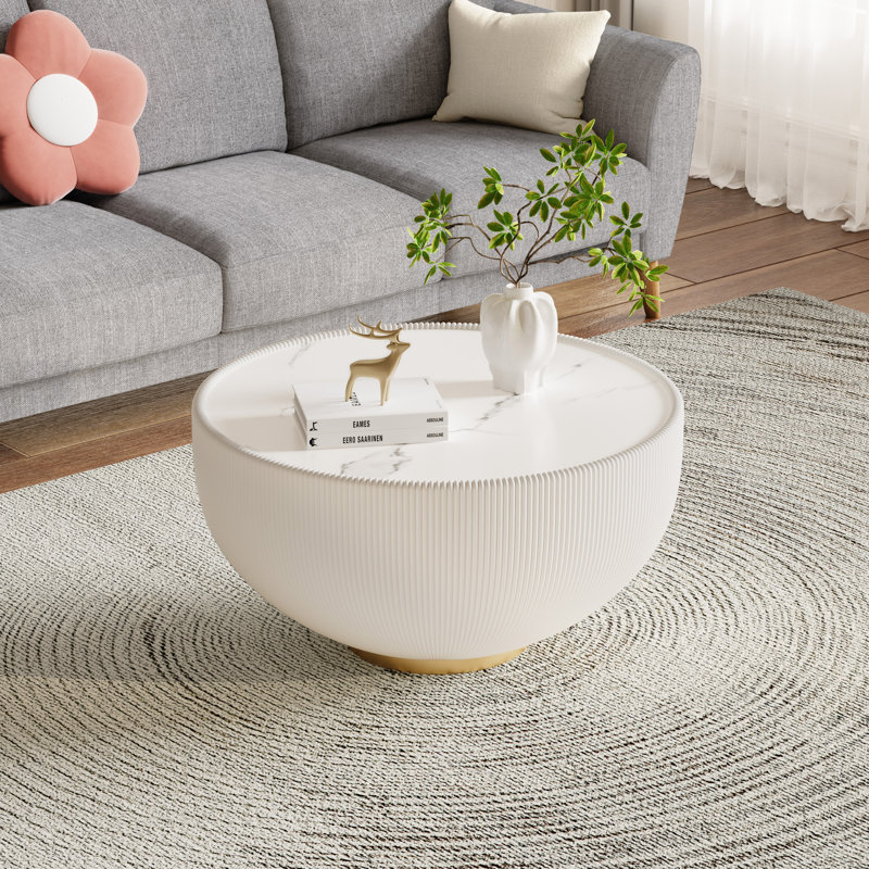  Modern Round Coffee Table, 27.55" Bowl Shaped Fluted Coffee Table with White Top & PU Leather Covered & Gold Metal Base Modern Coffee Cocktail Center Tables for Living Room
