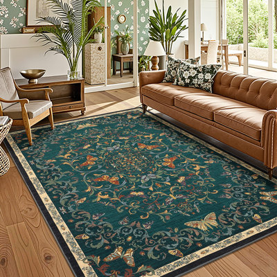 Tapis lavable et moelleux à profil bas antidérapant à motif floral de style campagnard pour salon, salle à manger, bureau à domicile, pliable et résistant aux marques