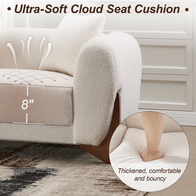 87" Upholstered Sherpa Boucle Sofa with Solid Wood Legs, White