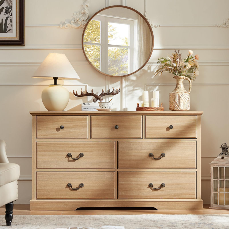 Farmhouse 7 Drawer Dresser for Bedroom,54" Wide Wood Rustic Chest of Drawers,Farmhouse Chest of Drawers for Bedroom,Wood Drawer Organizer for Bedroom,Hallway (Natural)