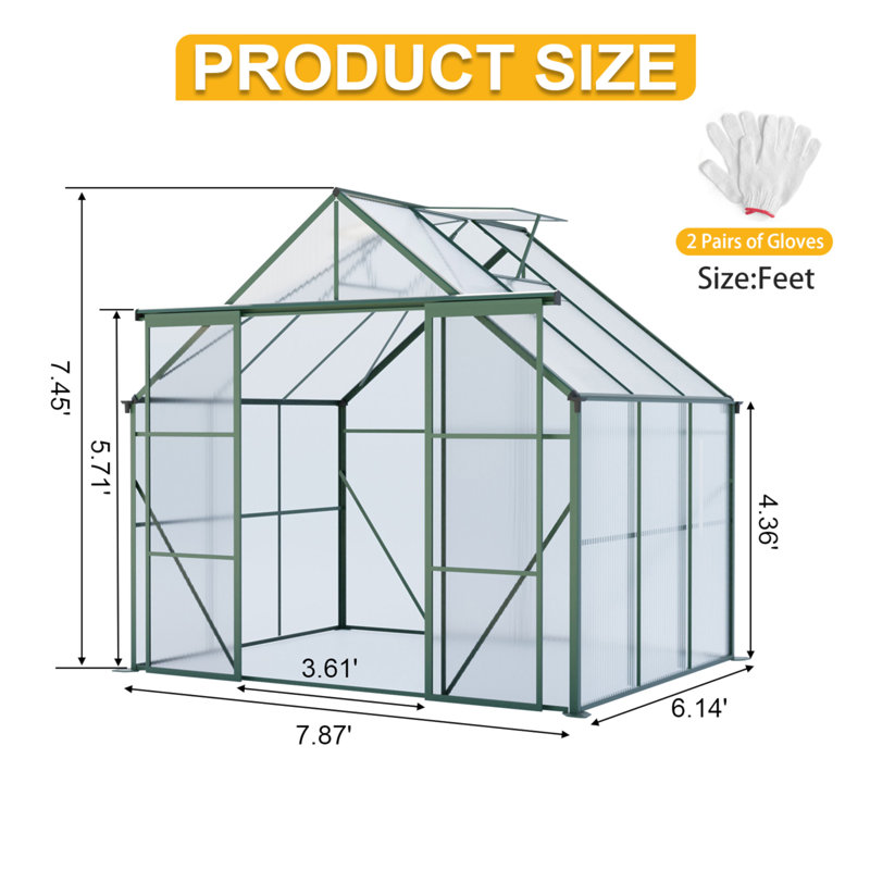 8X6FT-Green Double Door Polycarbonate Greenhouse Raised Base And Anchor Aluminum Heavy Duty Walk-In Greenhouses For Outdoor Backyard In All Season