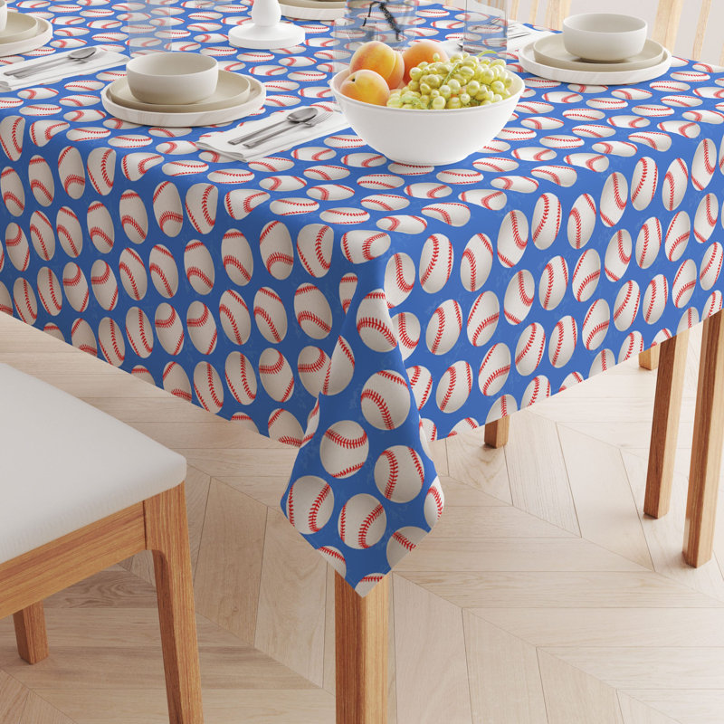 Rectangular Tablecloth, 100% Cotton, 52X104", Baseballs Blue, 120" L x 52" W