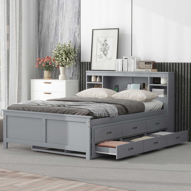 Lit plateforme double avec tête de lit à rangement, USB, lit gigogne simple et 3 tiroirs, gris