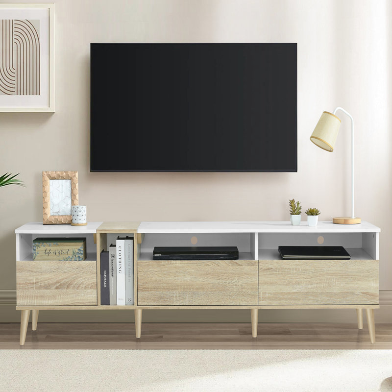 Téléviseur moderne avec 3 tiroirs et tablettes ouvertes, console multimédia pour téléviseur de 80 po ou moins, centre de divertissement pour salon, conception de couleur assortie