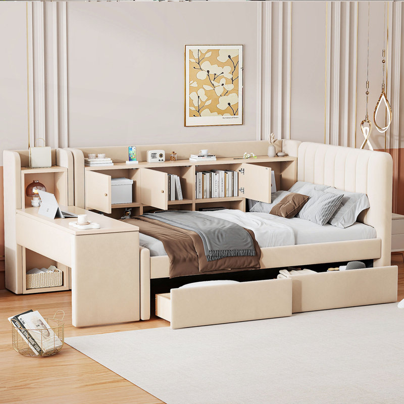Lit de jour simple rembourré avec rangement, Beige