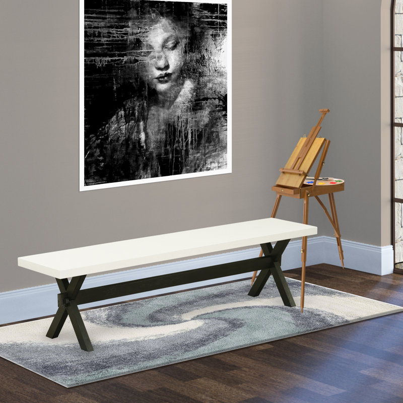 X-Style Modern Kitchen Bench with Wooden Seat, Wire brushed Black legs Finish., 18" H x 15" W x 72" D, Linen White/Black