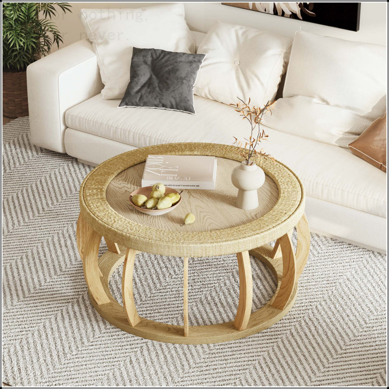 Table basse ronde en rotin vintage avec pieds courbés, Naturel