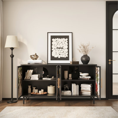 Armoire rétro américaine de 60,3 pouces à 4 portes, art en verre tropical, rangement dans la salle à manger, rangement pour matériaux vitrés avec porte, style pour la pièce, espaces fermés multiples