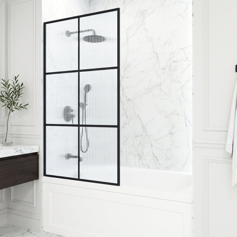 Écran de baignoire fixe encadré avec verre 3/8 po Ventana l 34 po x H 62 po, Cannelé noir mat