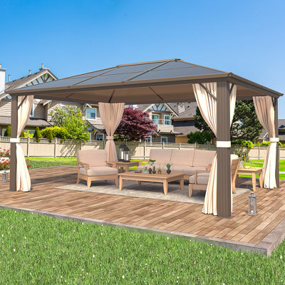 Serre L 10 pi. D Pavillon de jardin à toit rigide, pavillon permanent à structure en aluminium avec rideaux et moustiquaire, auvent extérieur en polycarbonate double, conçu pour le jardin, les pelouses, le patio, brun