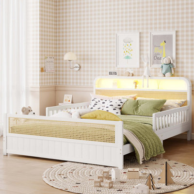 Rattan Bed Frame with Storage Headboard LED Lights and Safety Guardrails